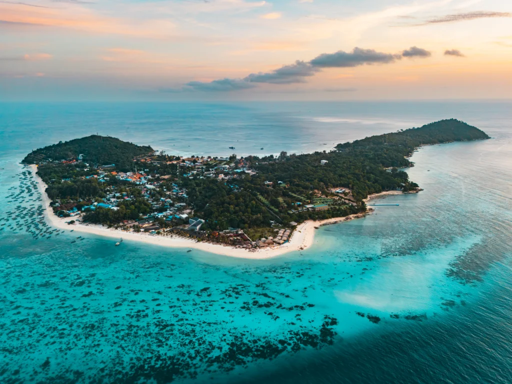 Panoramic drone photo of Koh Lipe’s beaches and coral reefs.