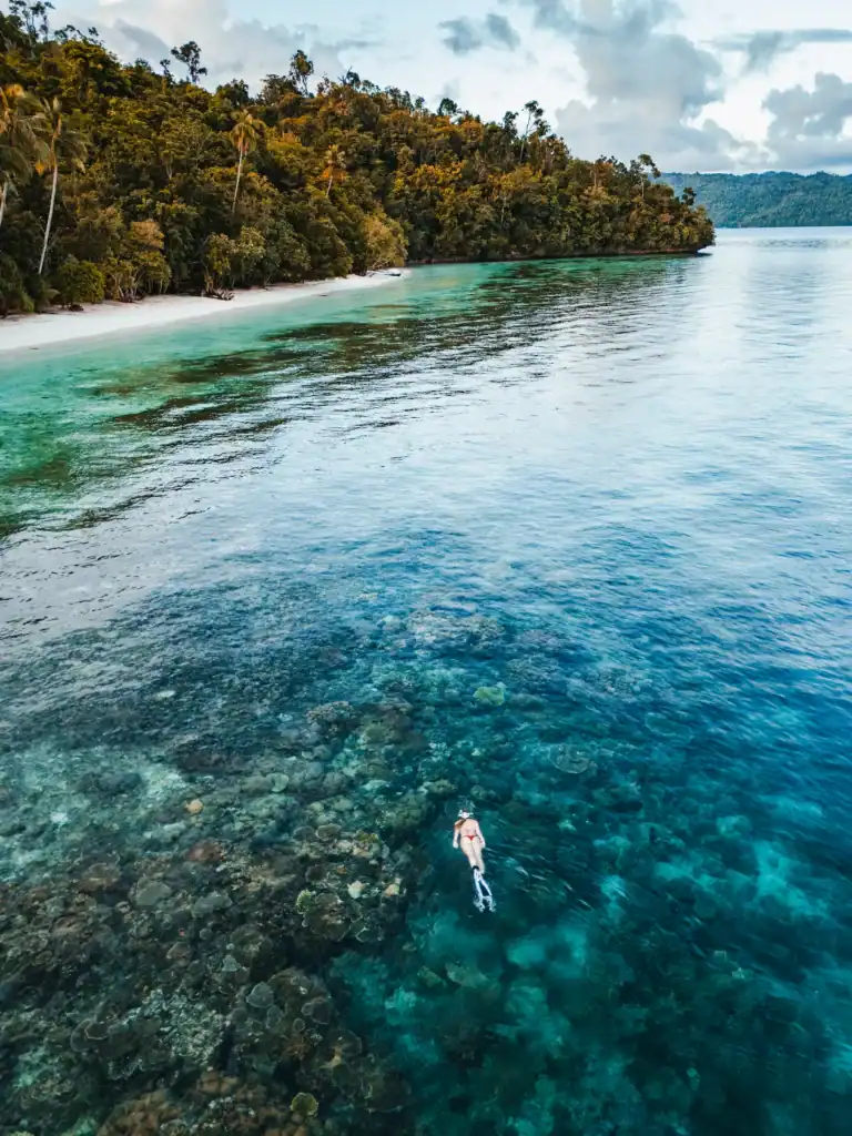 Snorkeler gliding over coral reef in clear blue water with a well-fitted mask in Raja Ampat.