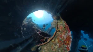 Diver swimming through a circular opening inside the USAT Liberty Wreck in Tulamben, Bali.