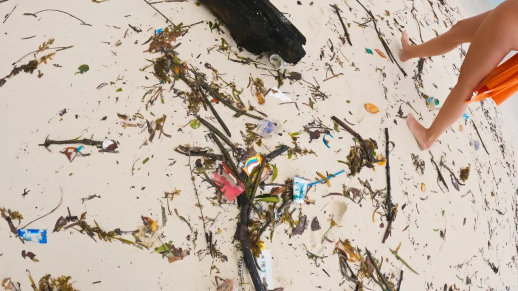 Plastic trash and natural debris washed onto a beach in Raja Ampat.