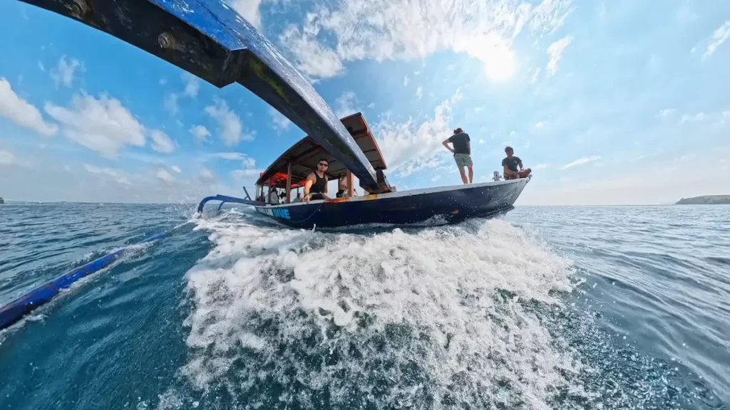 Traditional Indonesian outrigger dive boat in Lombok