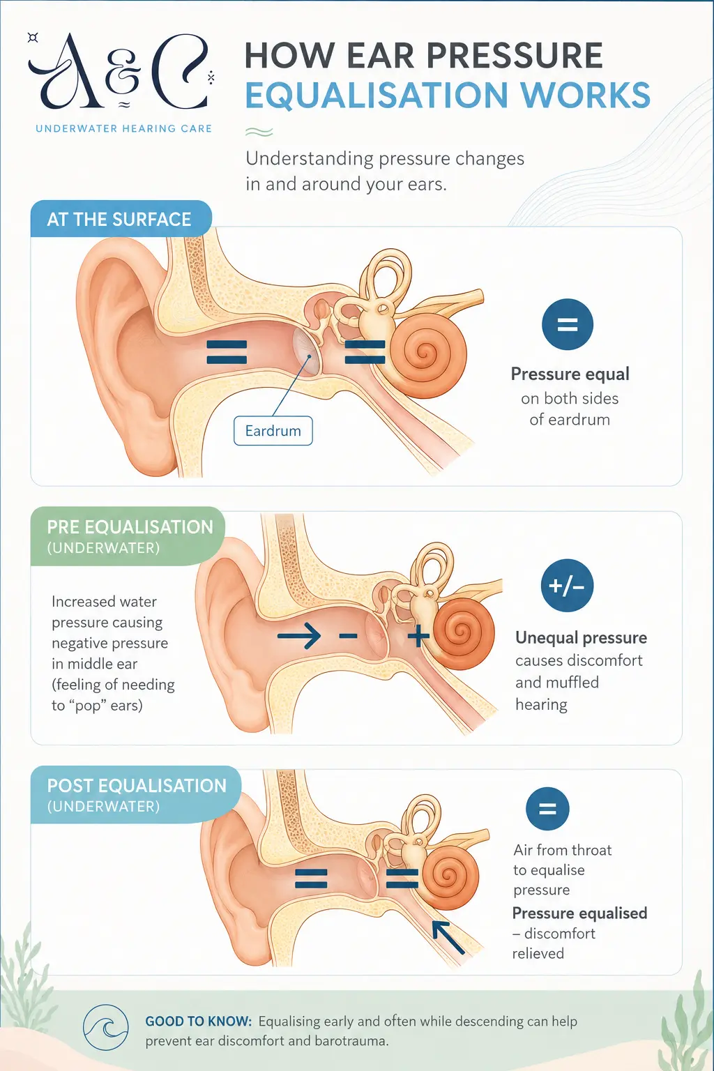Illustration showing scuba diving ear equalisation methods