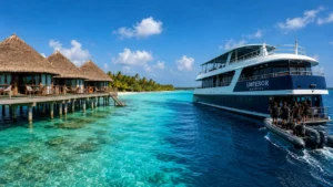 Liveaboard vessel sailing through the Maldives compared with resort and local island diving options