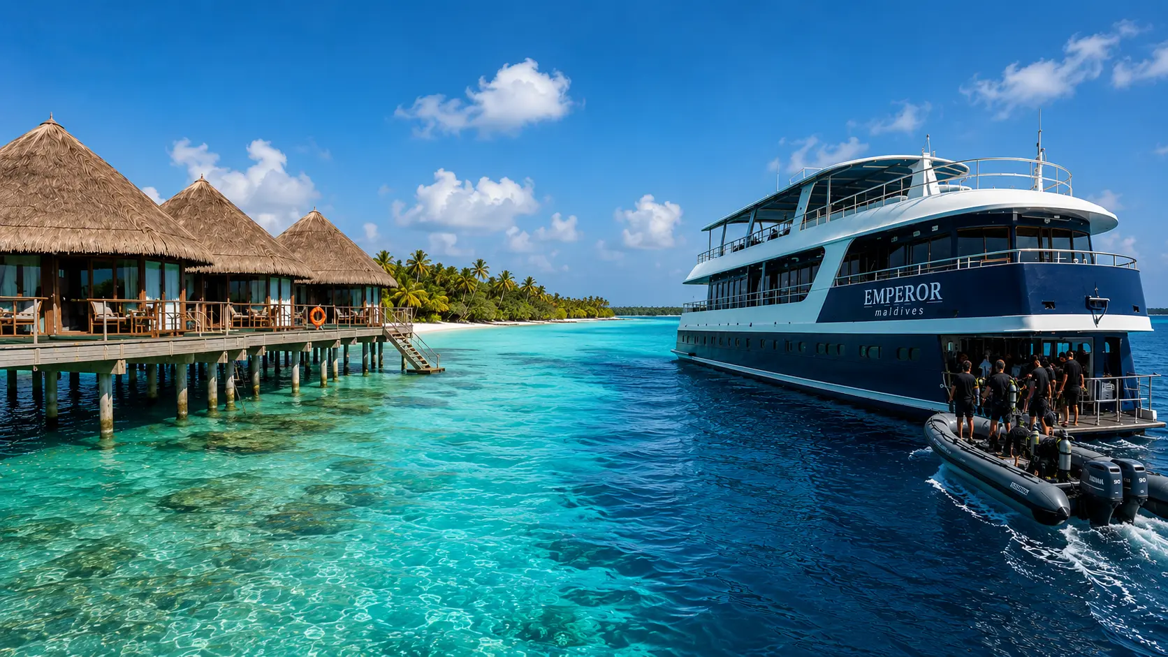 Liveaboard vessel sailing through the Maldives compared with resort and local island diving options