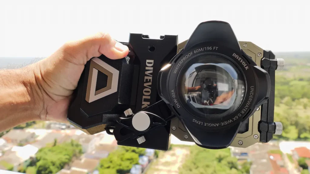 Divevolk SeaTouch smartphone housing with compatible underwater photography lens accessories.