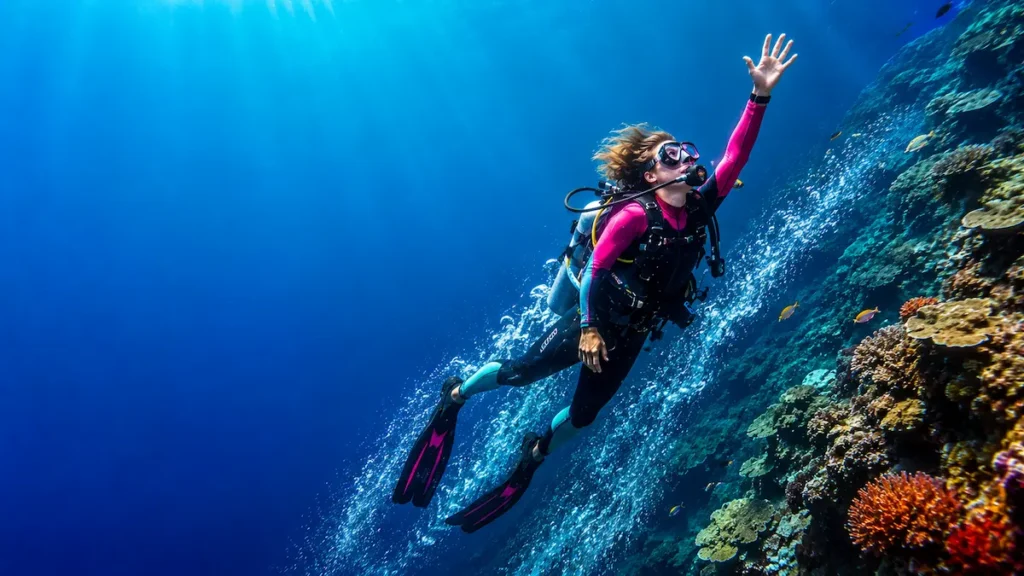 Scuba bubbles being swept sideways by a strong vertical current