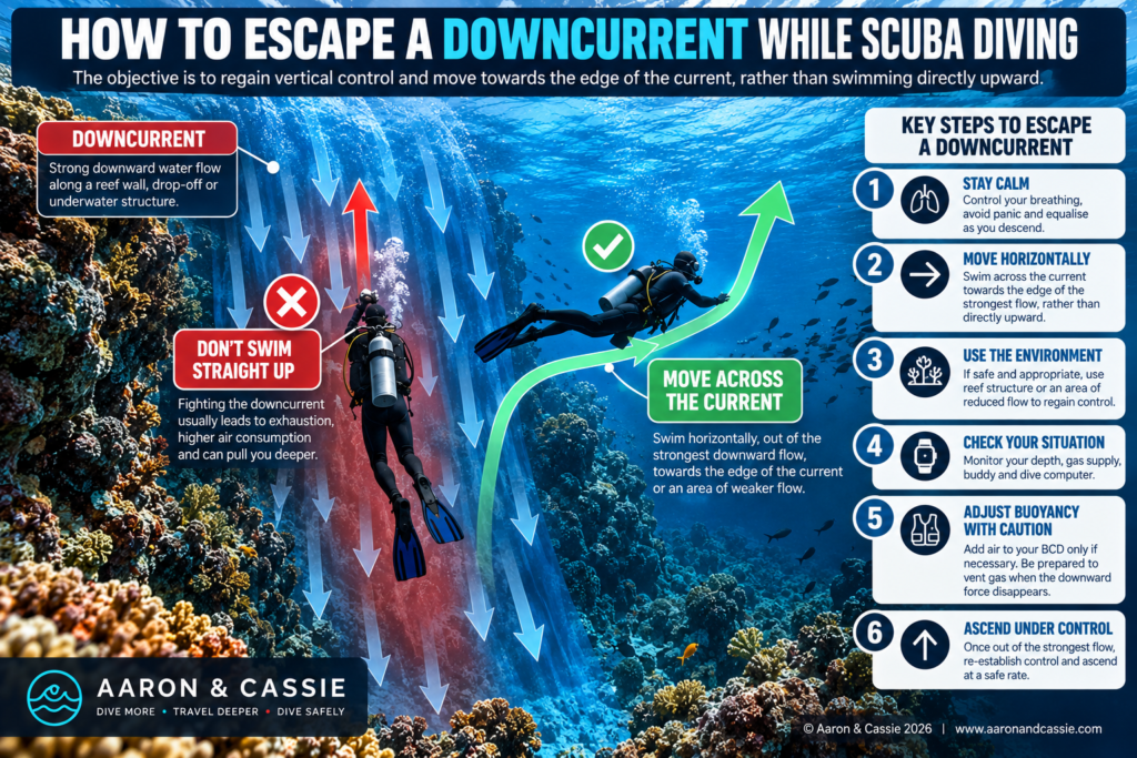Diagram showing a diver moving across a downcurrent instead of swimming directly upward