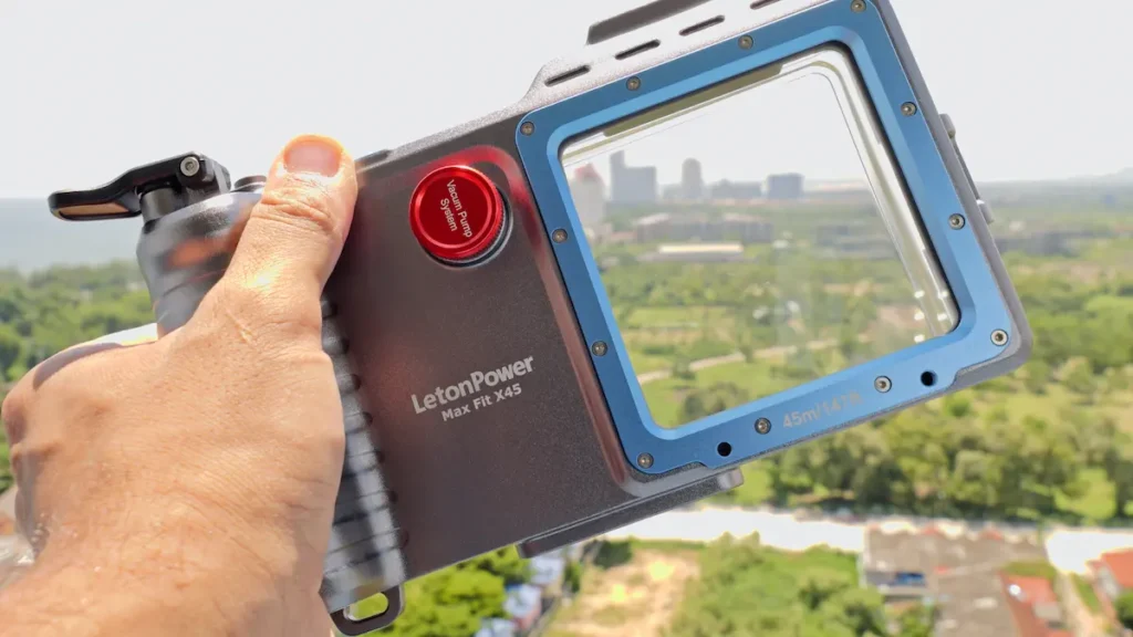 LetonPower X45 underwater phone housing showing its aluminium chassis and transparent rear door.