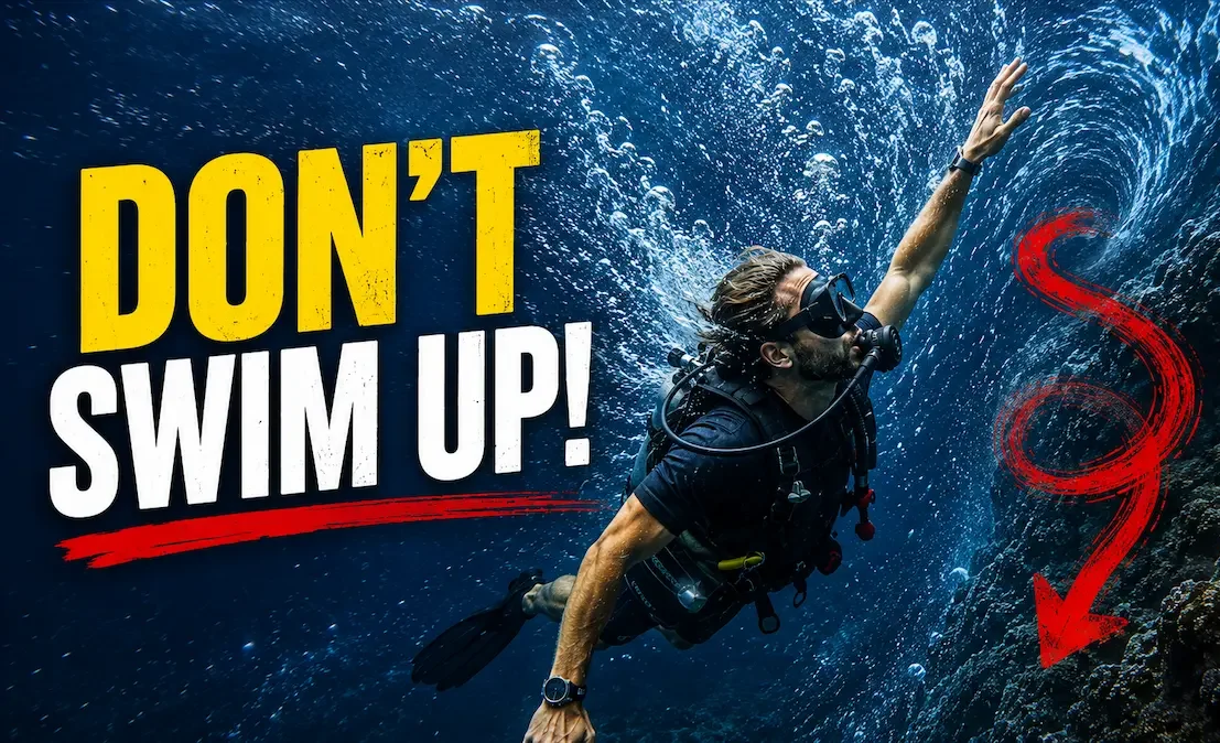 Scuba diver caught in a strong downcurrent beside a reef wall