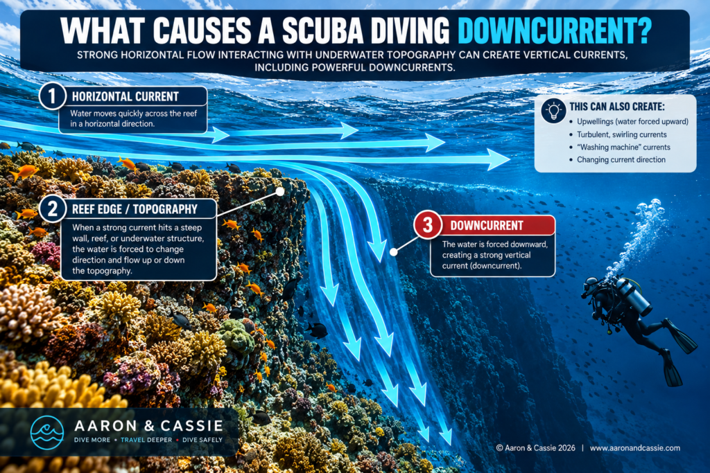 Diagram showing horizontal current flowing over a reef edge and creating a downcurrent